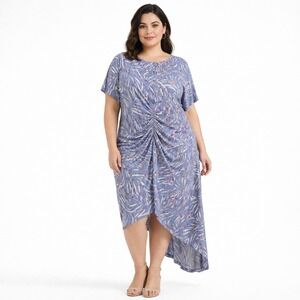 Eloquii Elements Blue Floral Palm Print Ruched Front Midi Dress Plus 14 16 L